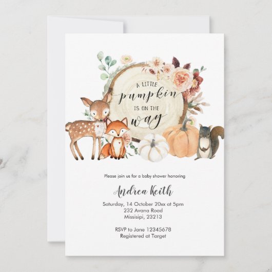 森の秋のカボチャ　オレンジ色のベイビーシャワー 招待状 (正面)