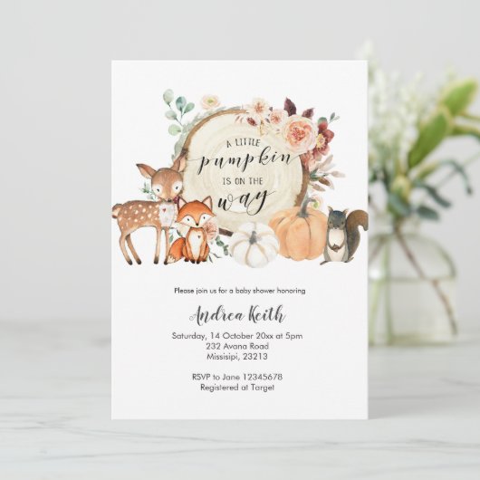 森の秋のカボチャ　オレンジ色のベイビーシャワー 招待状 (スタンド正面)