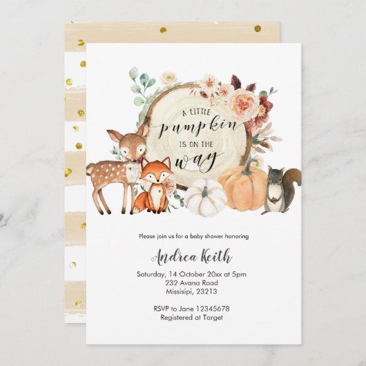 森の秋のカボチャ　オレンジ色のベイビーシャワー 招待状 (正面/裏面)