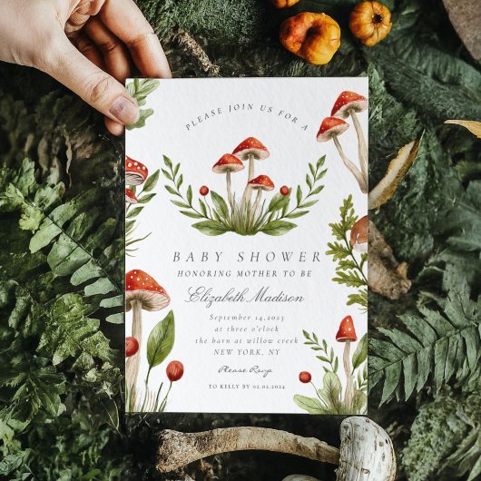 森の秋の水彩タッチのきのこベビーシャワー 招待状