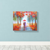 森の秋の雨の日のカップル歩く キャンバスプリント (インサイチュ (ウッドフロア))