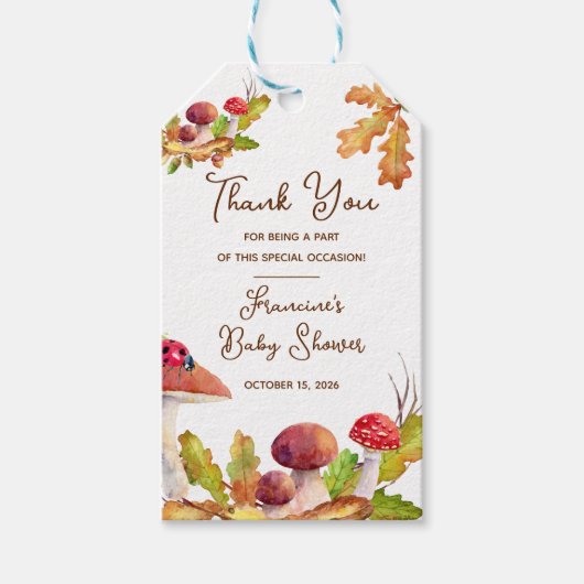 森の秋, 紅葉の森, キノコのベビーシャワー ギフトタグ (正面)