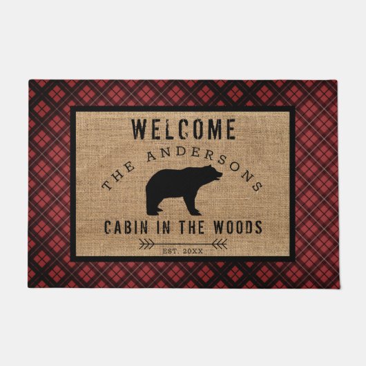 森の素朴中のプレイドパターンベアーウェルカムキャビン ドアマット (正面)