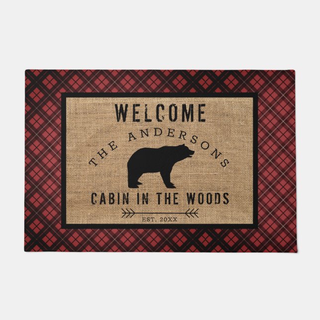 森の素朴中のプレイドパターンベアーウェルカムキャビン ドアマット (正面)