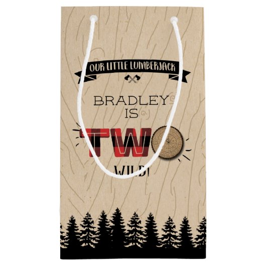 森の素朴格子型ランバージャックボーイズ2回目の誕生日 スモールペーパーバッグ (裏面)