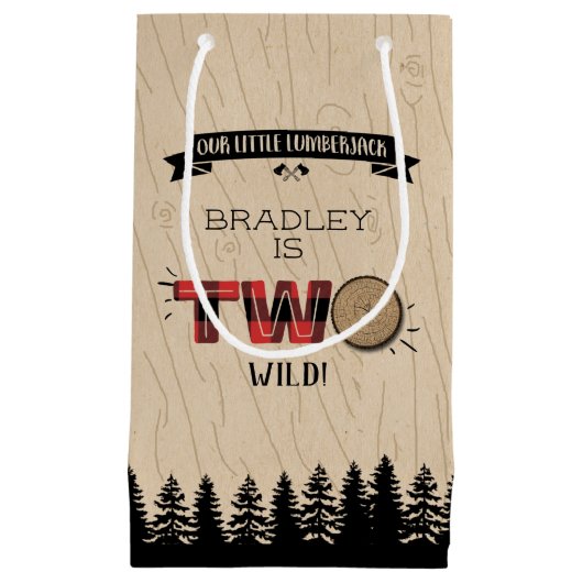 森の素朴格子型ランバージャックボーイズ2回目の誕生日 スモールペーパーバッグ (正面)