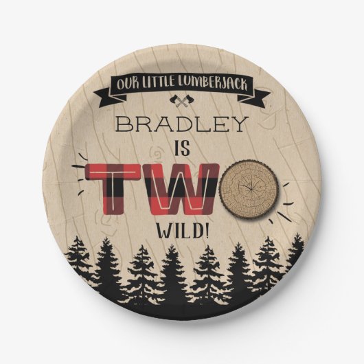 森の素朴格子型ランバージャックボーイズ2回目の誕生日 ペーパープレート (正面)