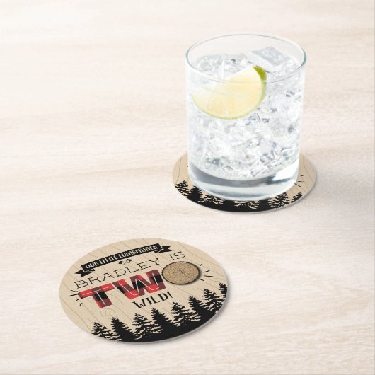 森の素朴格子型ランバージャックボーイズ2回目の誕生日 ラウンドペーパーコースター (インサイチュ)