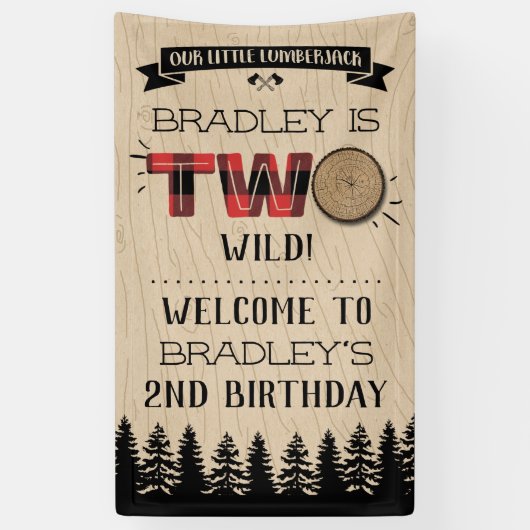 森の素朴格子型ランバージャックボーイズ2回目の誕生日 横断幕 (縦)