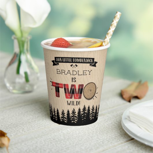 森の素朴格子型ランバージャックボーイズ2回目の誕生日 紙コップ (インサイチュ)