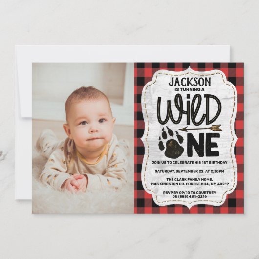 森の素朴格子柄の熊の手の男の子1日 招待状 (正面)