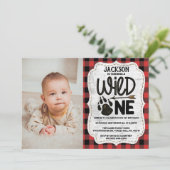 森の素朴格子柄の熊の手の男の子1日 招待状 (スタンド正面)