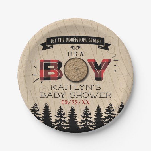 森の素朴格子縞の男の子の赤ちゃんシャワー ペーパープレート (正面)