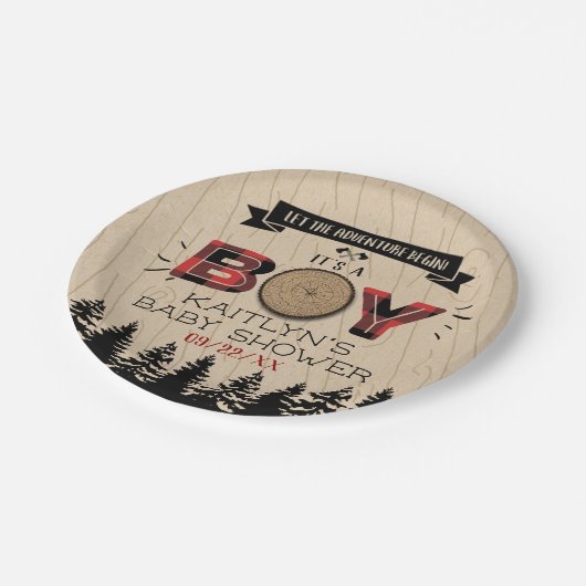 森の素朴格子縞の男の子の赤ちゃんシャワー ペーパープレート (アングル)