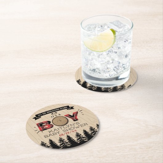 森の素朴格子縞の男の子の赤ちゃんシャワー ラウンドペーパーコースター (インサイチュ)