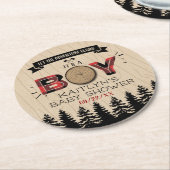 森の素朴格子縞の男の子の赤ちゃんシャワー ラウンドペーパーコースター (アングル)