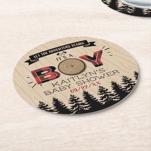 森の素朴格子縞の男の子の赤ちゃんシャワー ラウンドペーパーコースター (アングル)