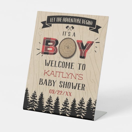 森の素朴格子縞の男の子の赤ちゃんシャワー 台座サイン (正面)