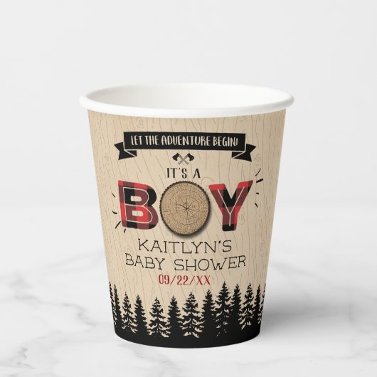 森の素朴格子縞の男の子の赤ちゃんシャワー 紙コップ (正面)