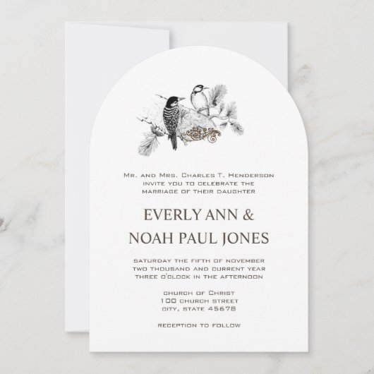 森の素朴森の木の毛の愛の鳥結婚の 招待状 (正面)