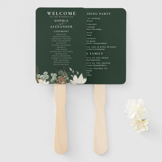 森の素朴緑の結婚式プログラムのファンのセット ハンドファン (正面&裏面)