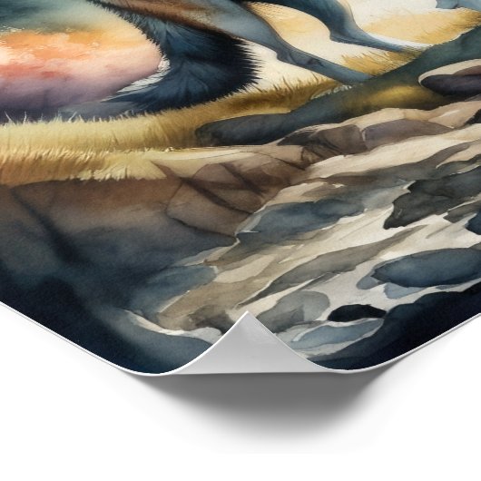 森の絵を描中の水の色の狼1:1 ポスター (角)