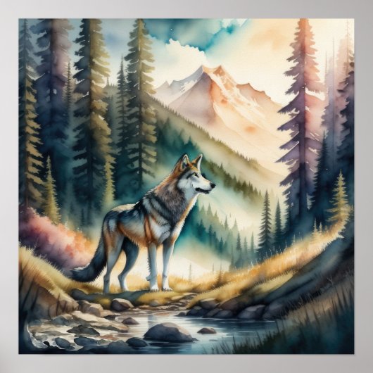 森の絵を描中の水の色の狼1:1 ポスター (正面)