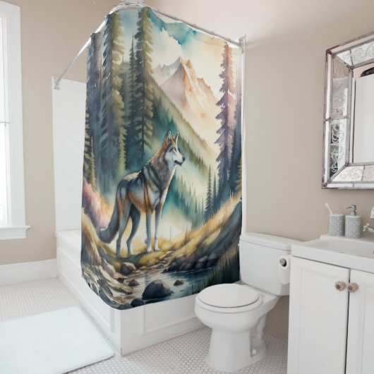森の絵画中のオオカミ シャワーカーテン (インサイチュ)