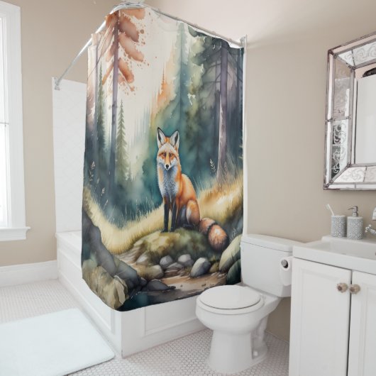森の絵画水彩キツネ シャワーカーテン (インサイチュ)