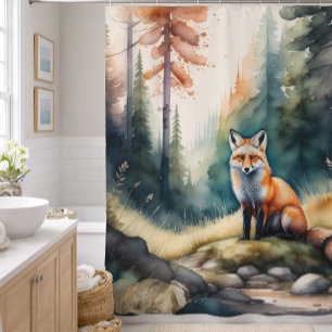 森の絵画水彩キツネ シャワーカーテン