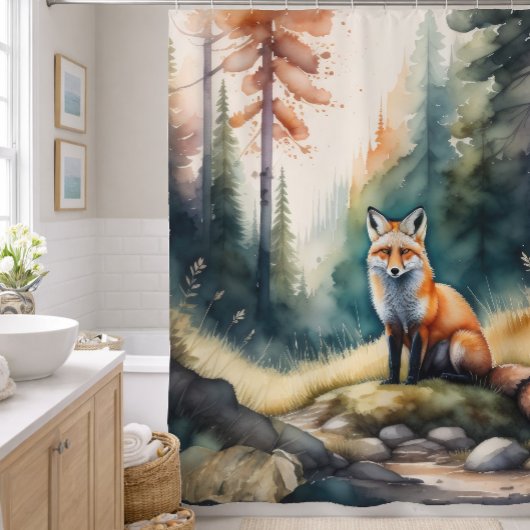 森の絵画水彩キツネ シャワーカーテン