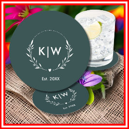 森の緑と白 | イニシャルモダンモノグラム ラウンドペーパーコースター