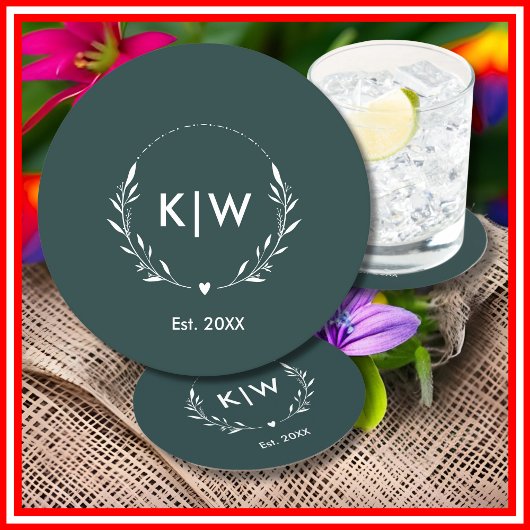 森の緑と白 | イニシャルモダンモノグラム ラウンドペーパーコースター