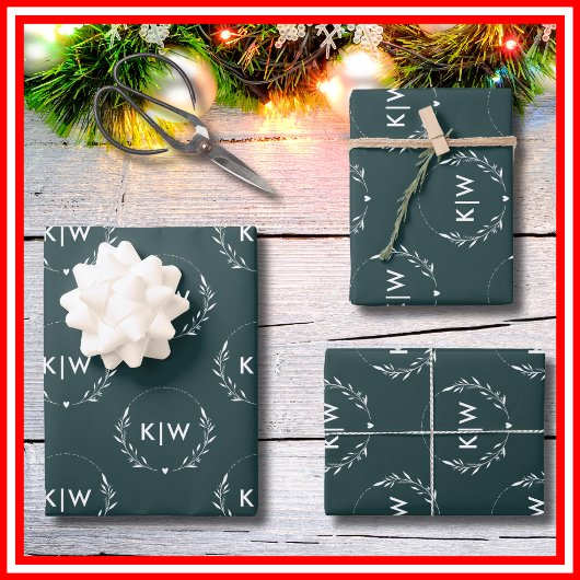 森の緑と白 | イニシャルモダンモノグラム ラッピングペーパーシート