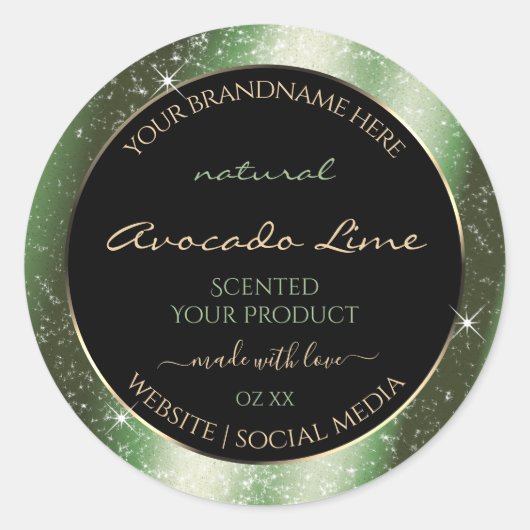 森の緑のスパークルグリッターフレーム製品ラベル ラウンドシール (正面)