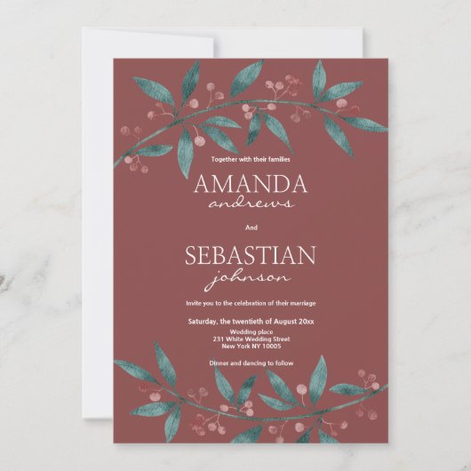 森の緑のブルゴーニュの果実の結婚フローラ 招待状 (正面)