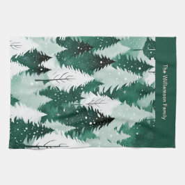 森の緑の冬の木々雪クリスマスキッチン キッチンタオル