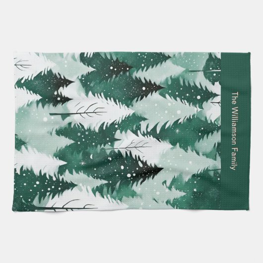 森の緑の冬の木々雪クリスマスキッチン キッチンタオル (横)