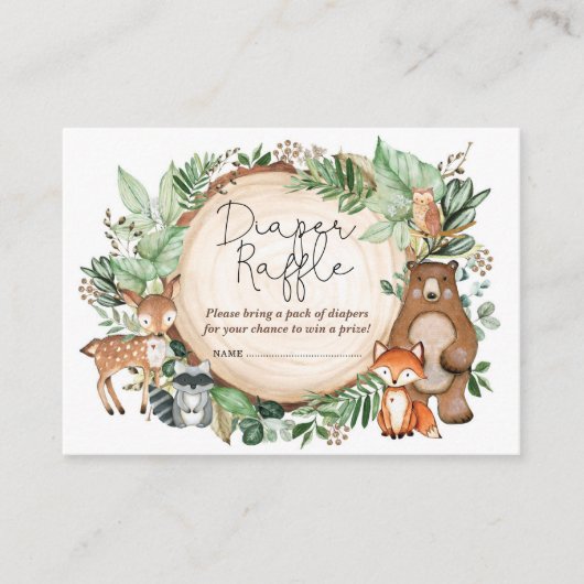森の緑の森の動物おむつラッフル エンクロージャーカード (正面)