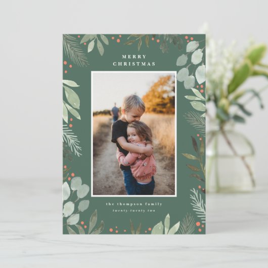 森の緑の水の色メリークリスマスフォトカード 招待状 (スタンド正面)