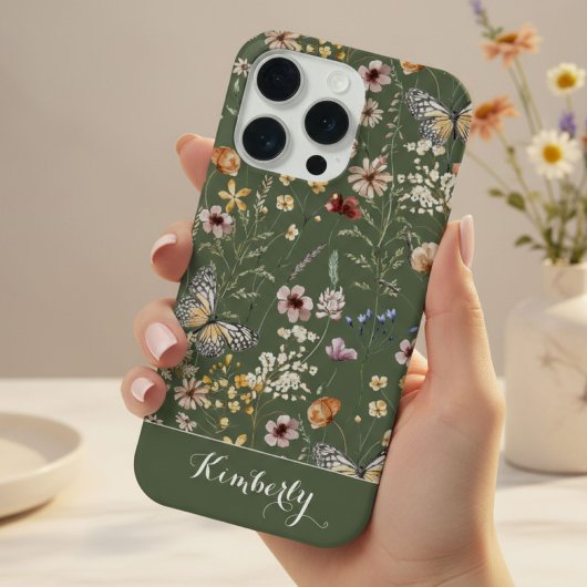 森の緑の水彩野の花パターンネーム  iPhoneケース