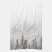 森の緑グレーの霧の山 キッチンタオル (縦)