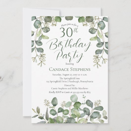 森の緑シードされたユーカリ30th誕生日パーティー 招待状 (正面)