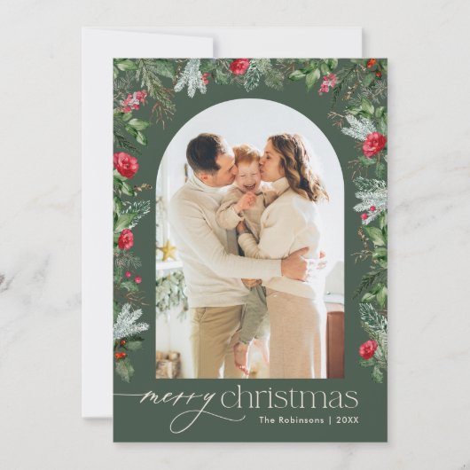 森の緑モダンのアーチ1写真メリークリスマス シーズンカード (正面)
