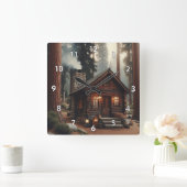 森の美しいアンティークの丸太小屋 スクエア壁時計 (ホーム)