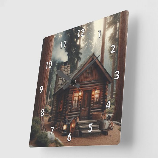 森の美しいアンティークの丸太小屋 スクエア壁時計 (傾斜)