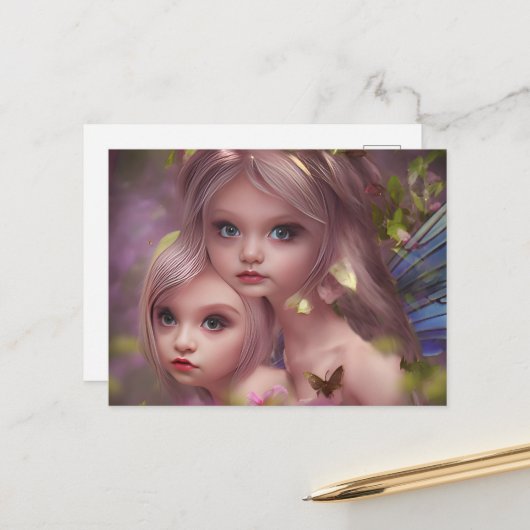 森の花の中の妖精の姉妹 ポストカード (正面/裏面インサイチュ)