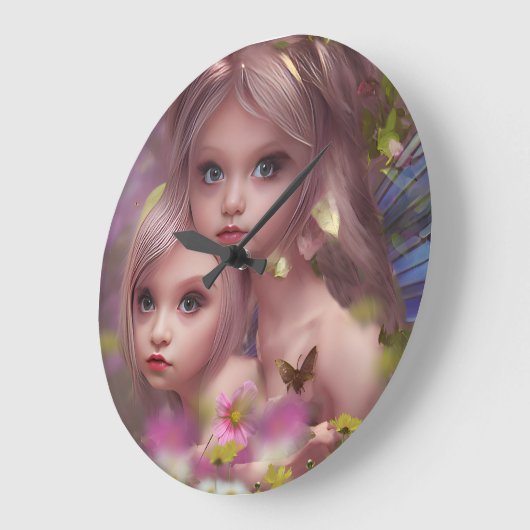 森の花の中の妖精の姉妹 ラージ壁時計 (傾斜)