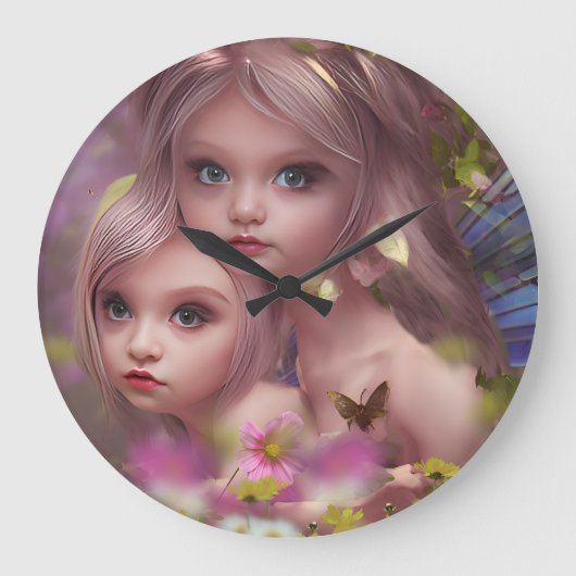 森の花の中の妖精の姉妹 ラージ壁時計 (正面)