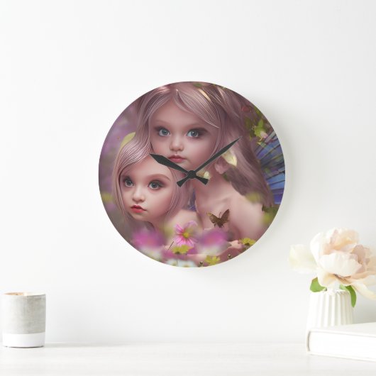 森の花の中の妖精の姉妹 ラージ壁時計 (ホーム)